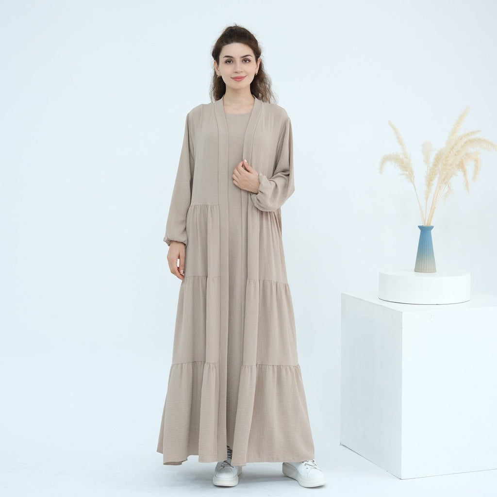 Solid Color Puff Sleeve Layered Maxi Dress Robe Dress Two-Piece Set (MOA165)