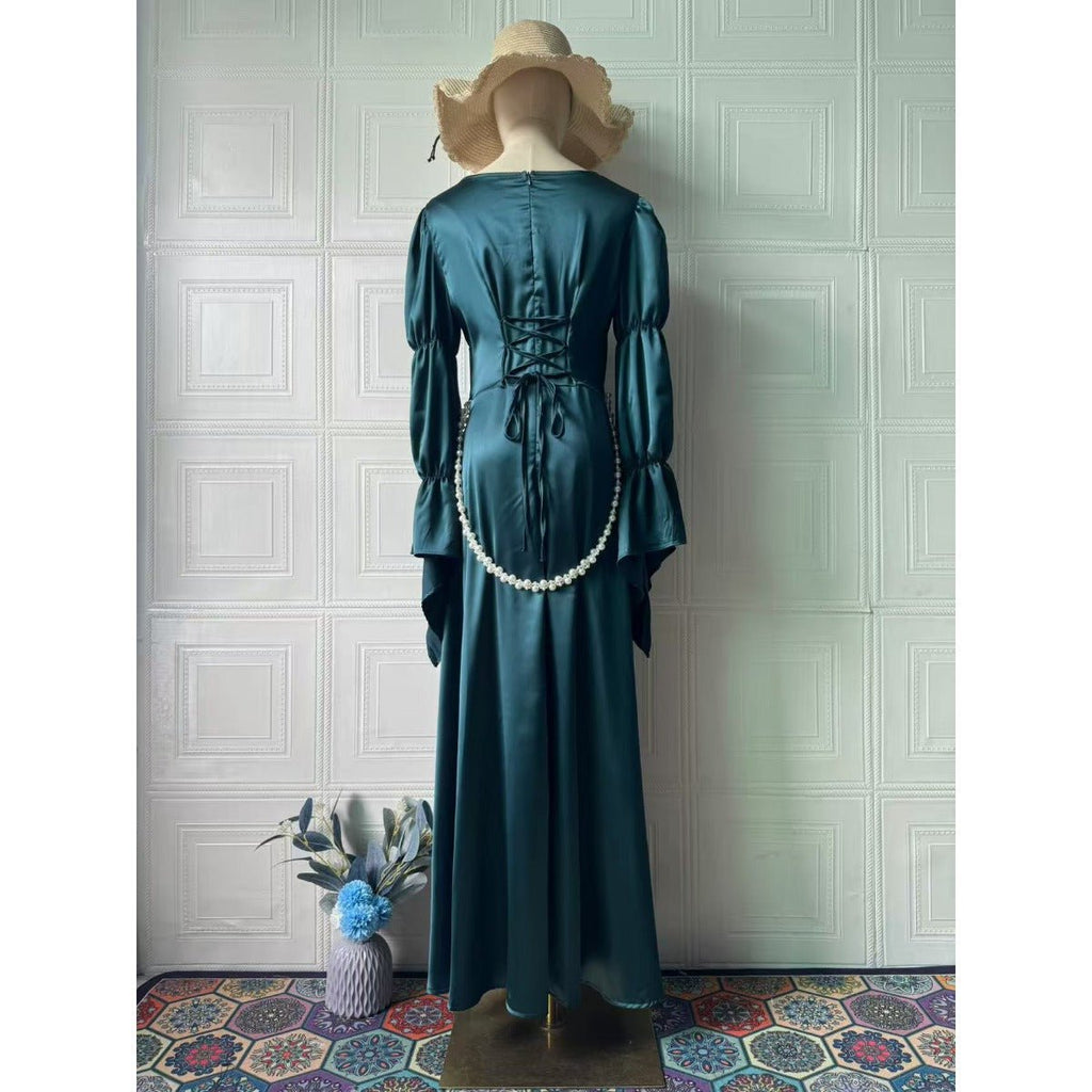 Luxury Slim-Fit Long Sleeve Dress Abaya | Emerald Green Maxi Dress (MA217)