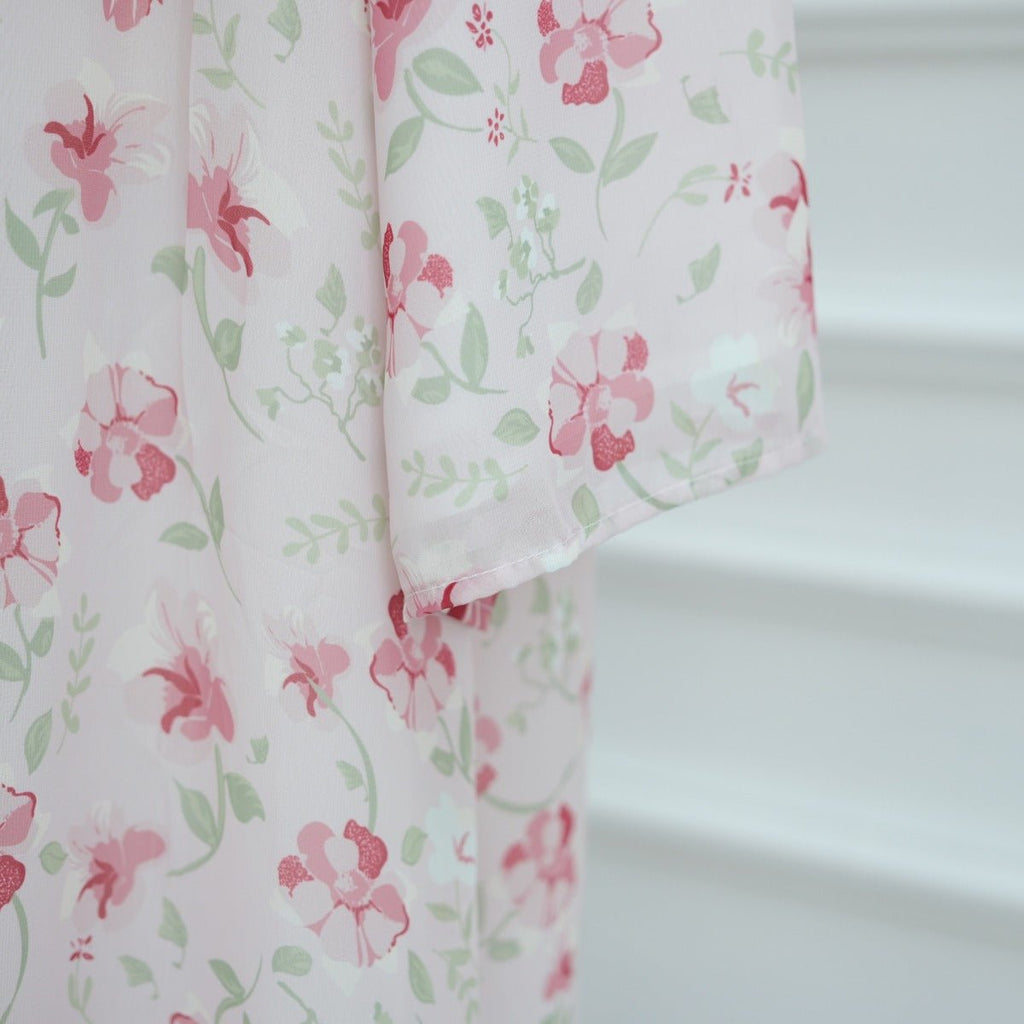 Spring Summer Floral Print Chiffon Cardigan | Double-Layer Modest Cover-Up Abaya (MOA170)