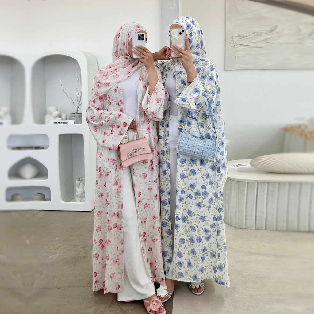 Spring Summer Floral Print Chiffon Cardigan | Double-Layer Modest Cover-Up Abaya (MOA170)