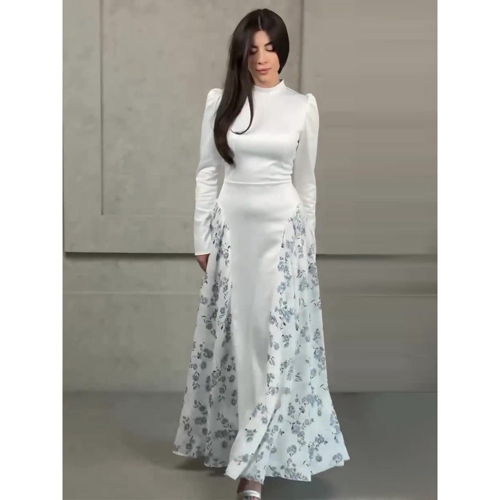 Spring Temperament Black Maxi Dress And Elegant High Neck Long Sleeve Dress with Floral Accent (MA220)