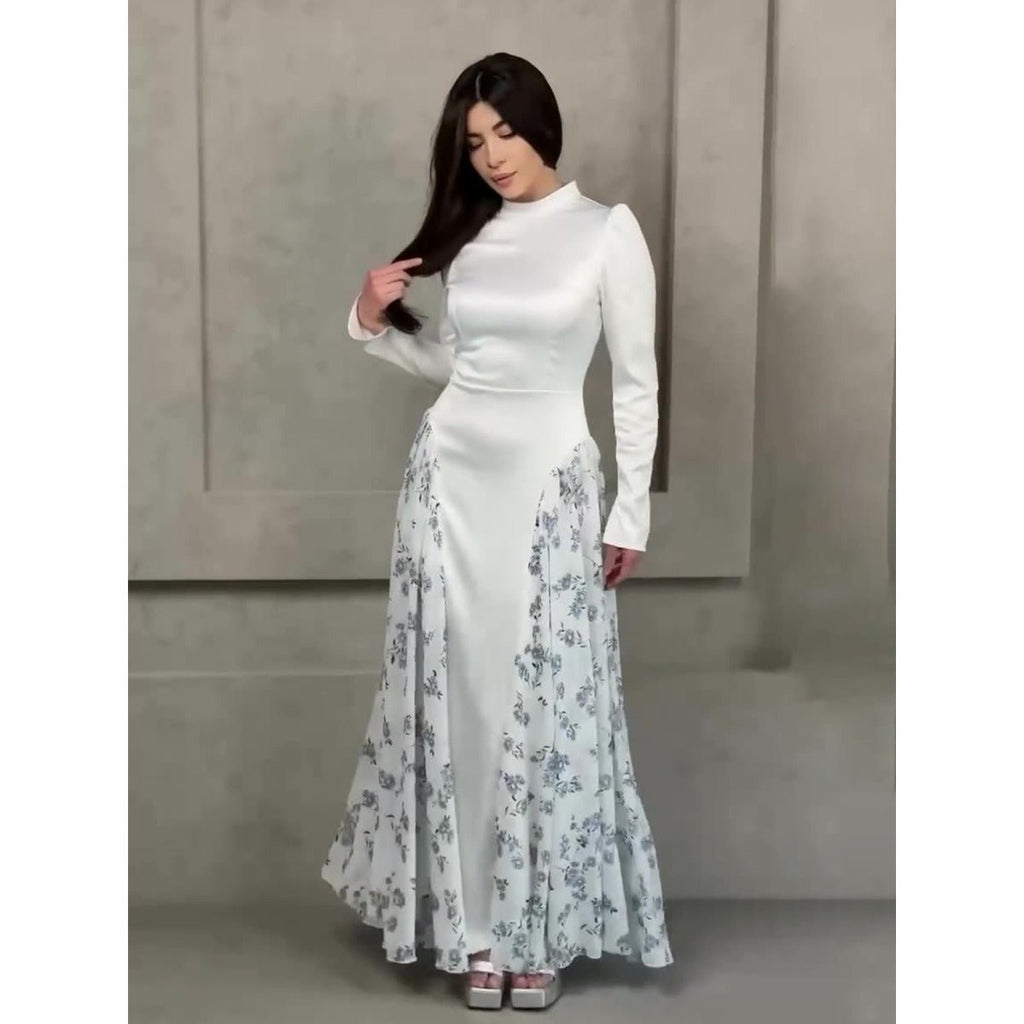 Spring Temperament Black Maxi Dress And Elegant High Neck Long Sleeve Dress with Floral Accent (MA220)