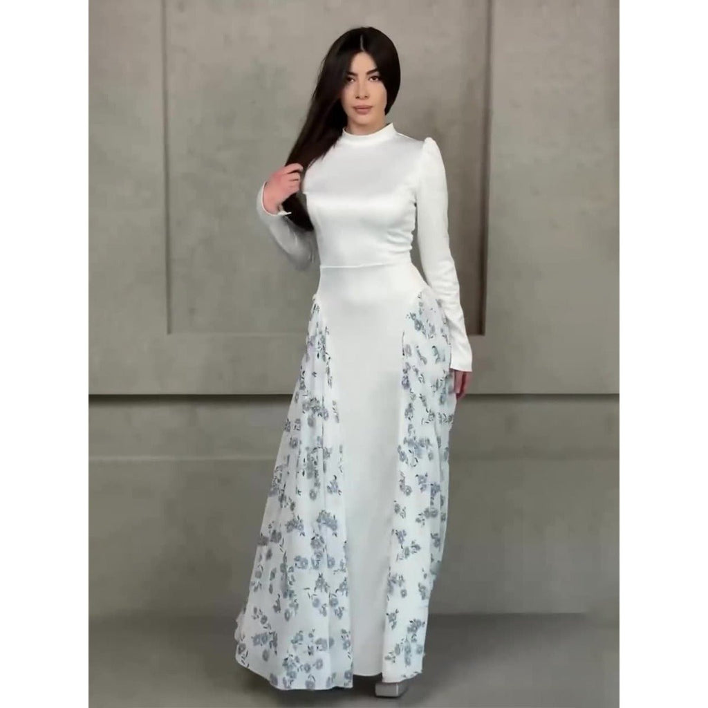 Spring Temperament Black Maxi Dress And Elegant High Neck Long Sleeve Dress with Floral Accent (MA220)