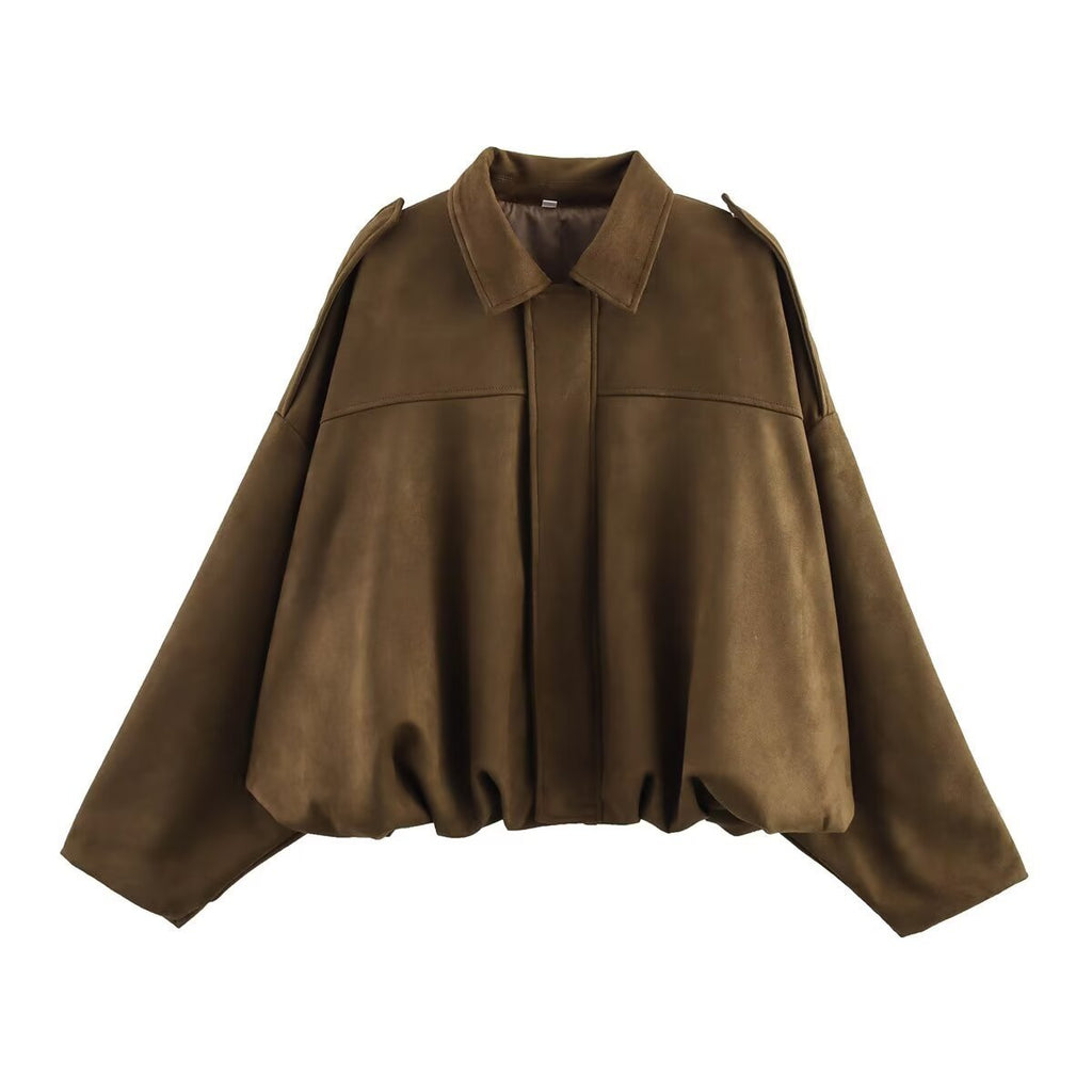 Suede Bomber Jacket | Collared Flight Jacket with Shoulder Tabs(MS240)