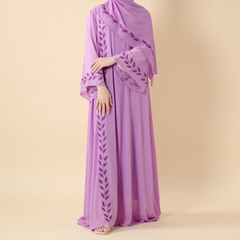 Summer Floral Embroidered Elegant Crew Neck Long Sleeve Chiffon Abaya Dress with Matching Headscarf (MA230)