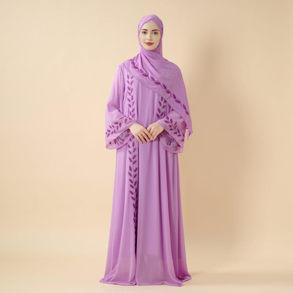 Summer Floral Embroidered Elegant Crew Neck Long Sleeve Chiffon Abaya Dress with Matching Headscarf (MA230)
