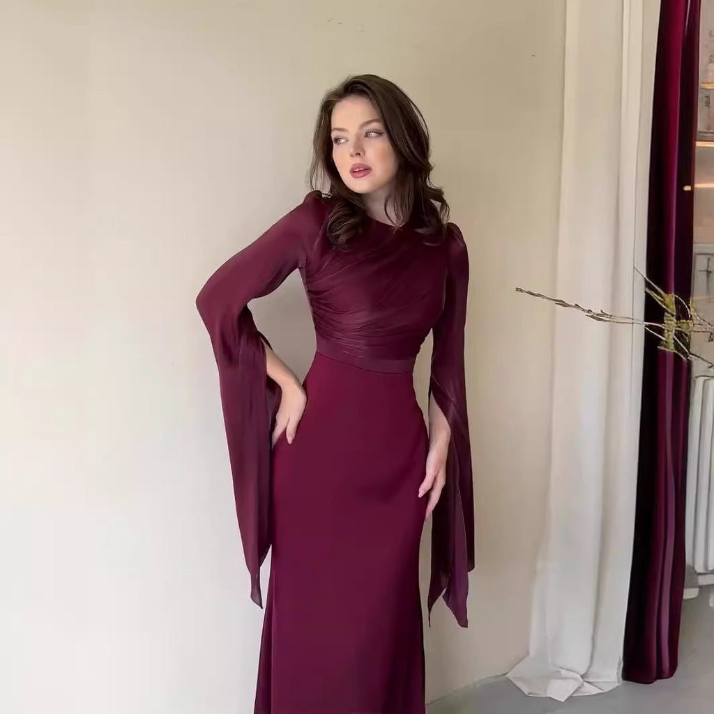 Elegant Summer Satin Slim Dress with Glass Yarn Pendulum Sleeves (MA161)