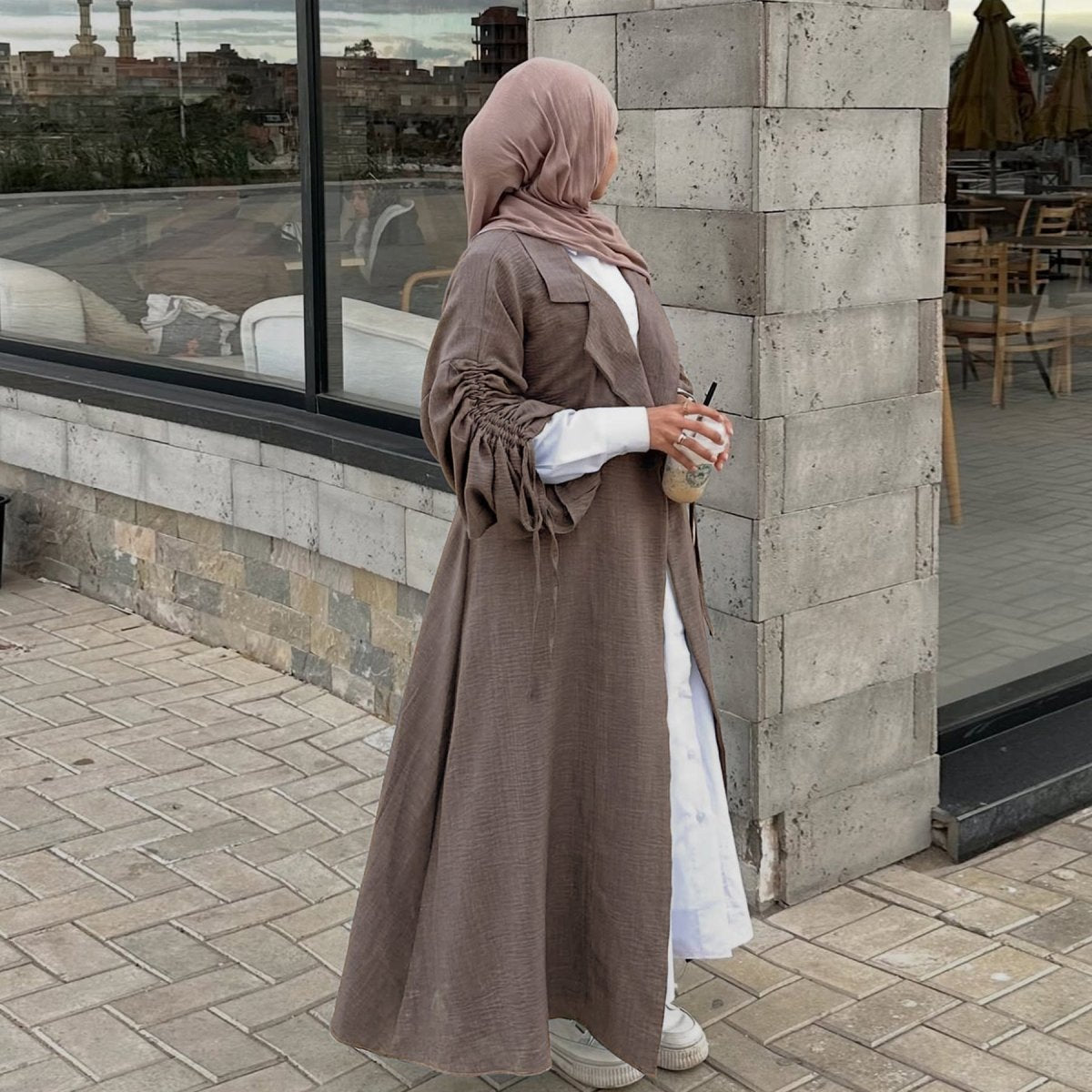 Tailored Blazer Cardigan with Ruched Sleeves | Open-Front Twill Blend Jacket(MOA246)