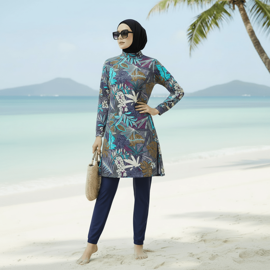 Tropical Print Modest Burkini Swimsuit Set(MB022)