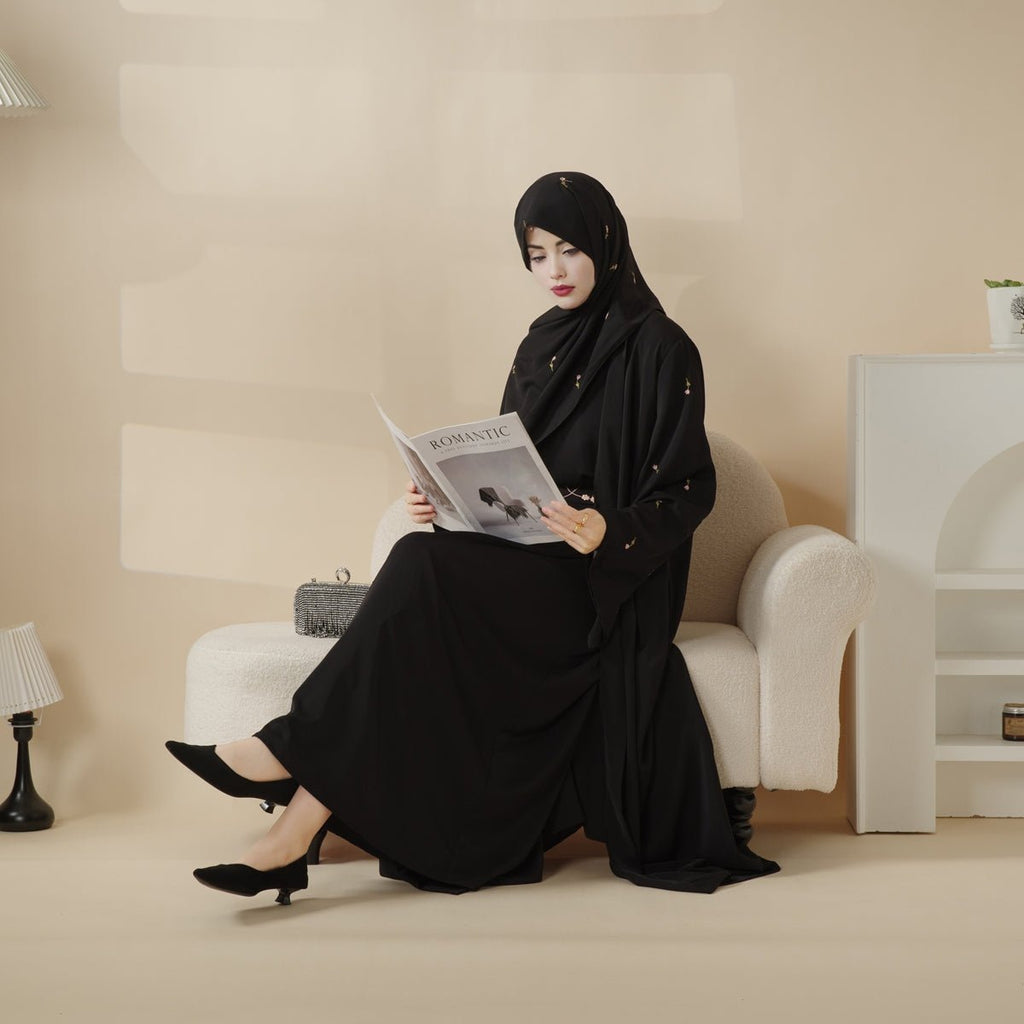 Tulip Embroidery Open Abaya 4-Piece Set (MOA051)