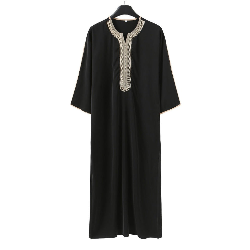 V-Neck Geometric Stitching Embroidered Medium Short Sleeve Muslim Robe Thobe (MT030)