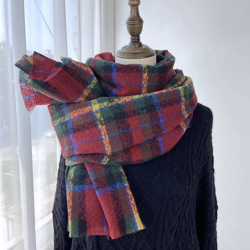 Vibrant Plaid Scarf Faux Wool Warm Shawl with Fringe (MAC334)