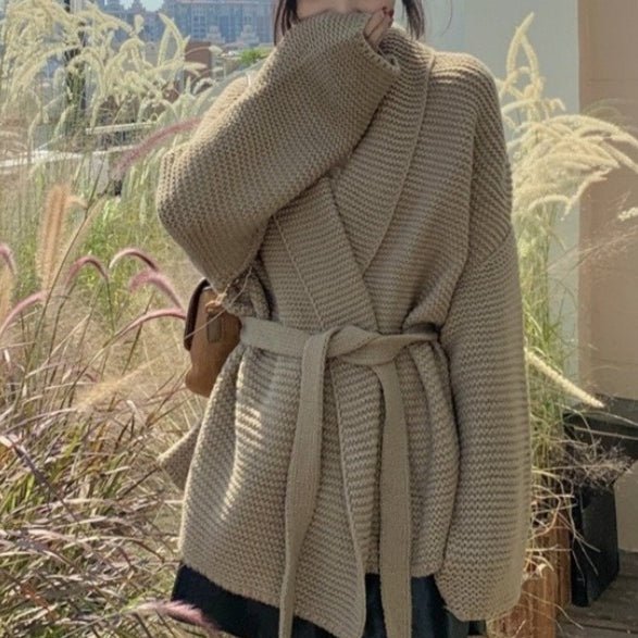Waffle Knit Robe Cardigan | Belted Oversized Sweater Coat(MS198)