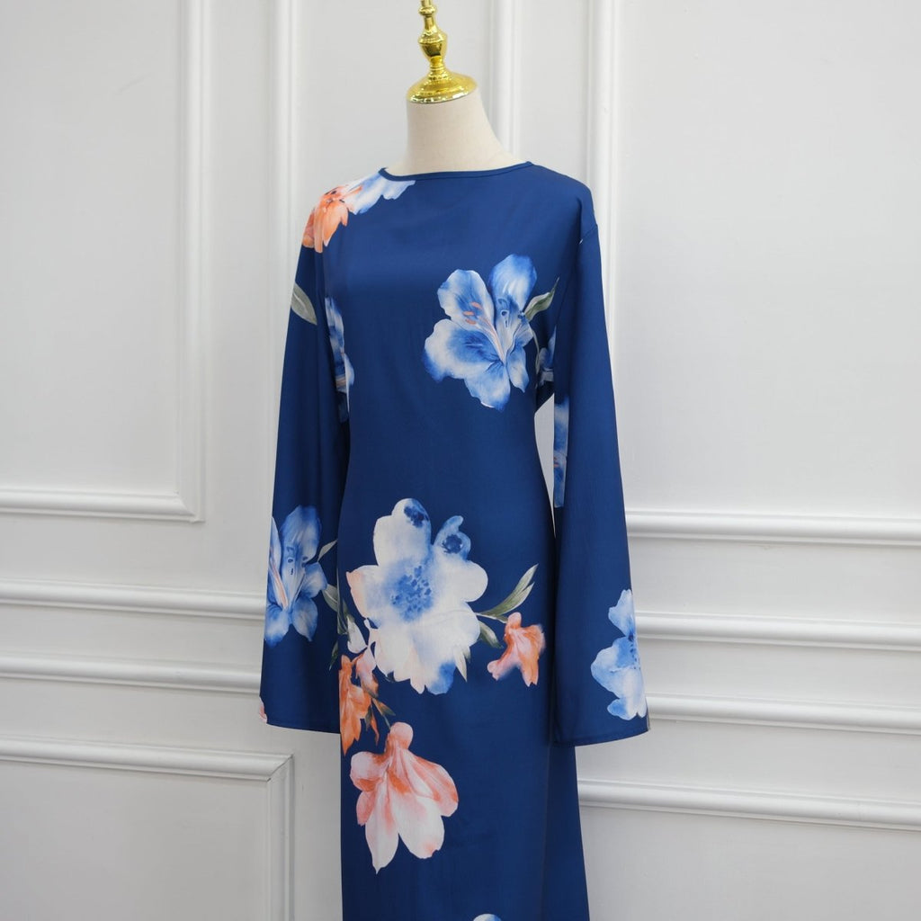 Watercolour Floral Washed-Crinkle Wide-Sleeve Maxi Dress(MS473)
