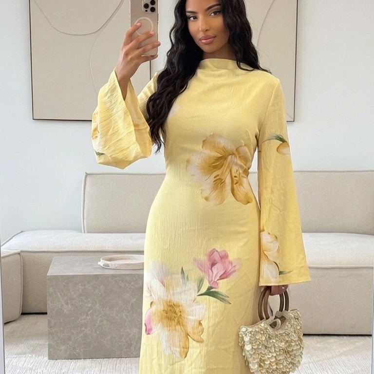 Watercolour Floral Washed-Crinkle Wide-Sleeve Maxi Dress(MS473)