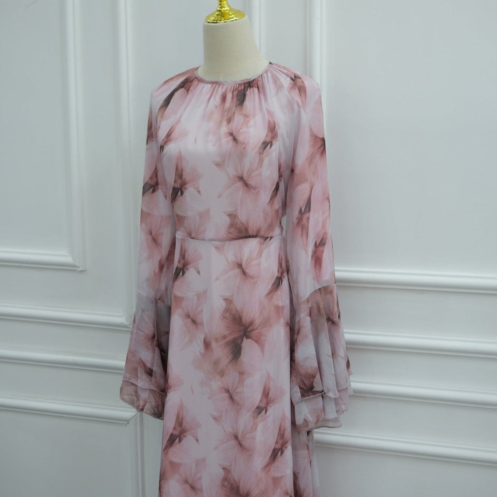 Watercolour Print Double-Layer Flared-Sleeve Maxi Dress(MS479)