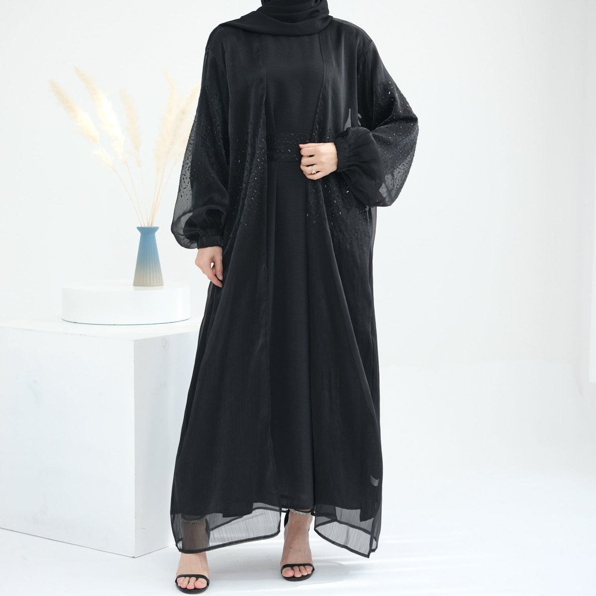 Wave Bubble Sleeve Abaya 4-Piece Set (MOA057)
