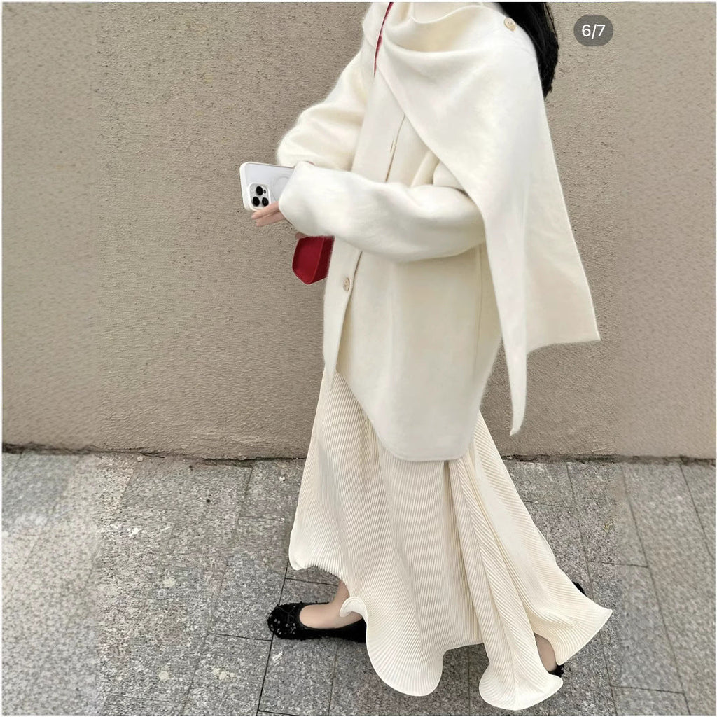 Wool Blend Cape Collar Coat | Mid-Length Button-Front Winter Jacket(MS191)