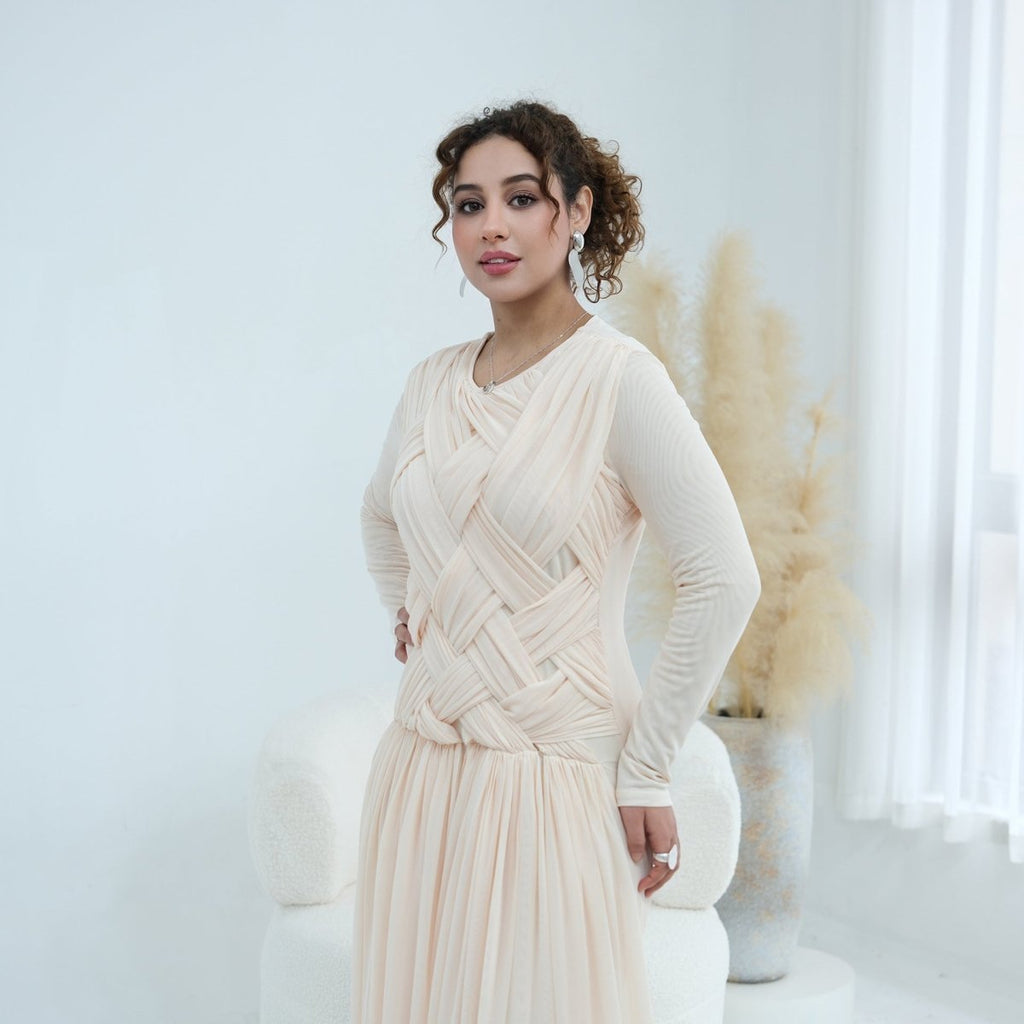 Woven Cross-Strap Bodice Mesh Maxi Dress(MS454)