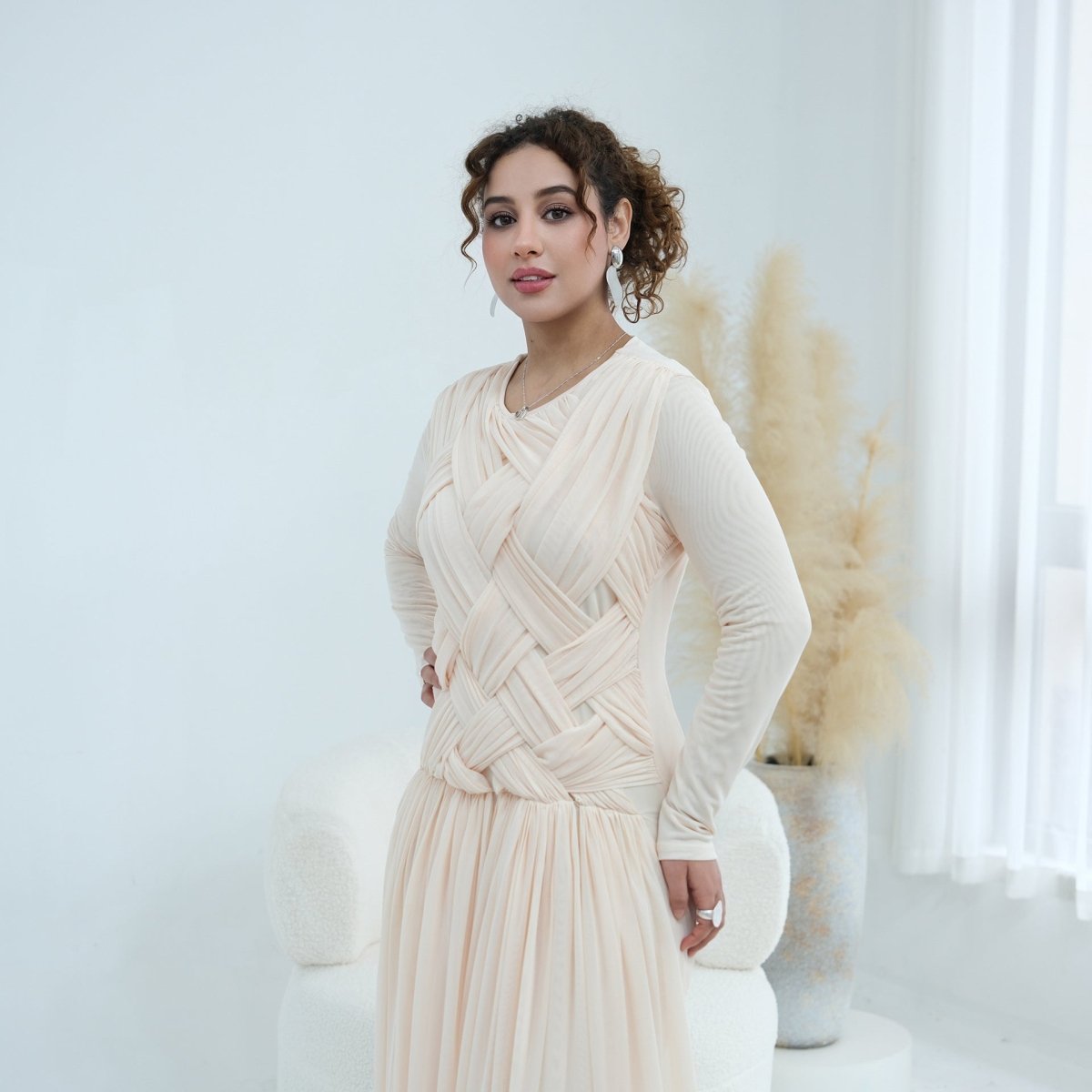 Woven Cross-Strap Bodice Mesh Maxi Dress(MS454)