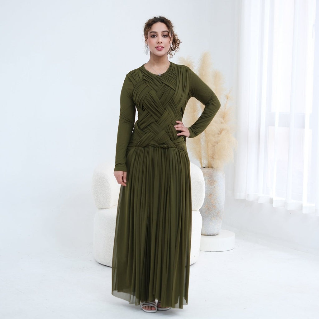 Woven Cross-Strap Bodice Mesh Maxi Dress(MS454)